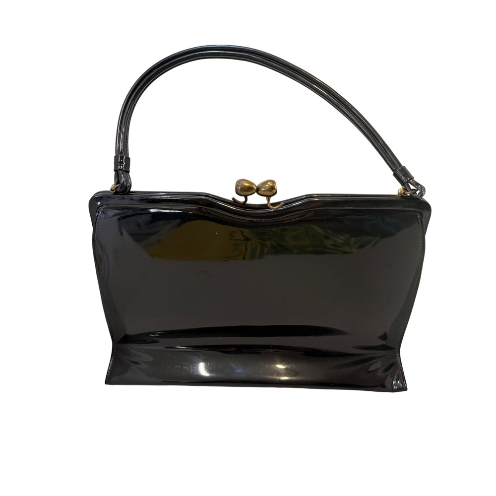 Theodor of California Vintage Black Patent Leather Handbag Kiss Lock Top Handle